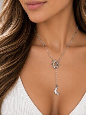 Silver Sun Moon Lariat Necklace Celestial Y Drop Stainless Steel Minimalist 24"
